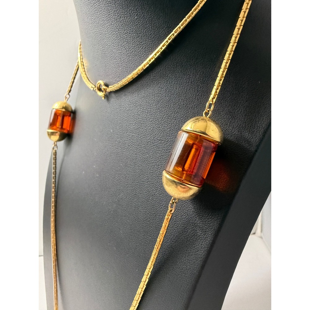 Vintage Station Necklace Gold Tone Acrylic Opera 36" Long